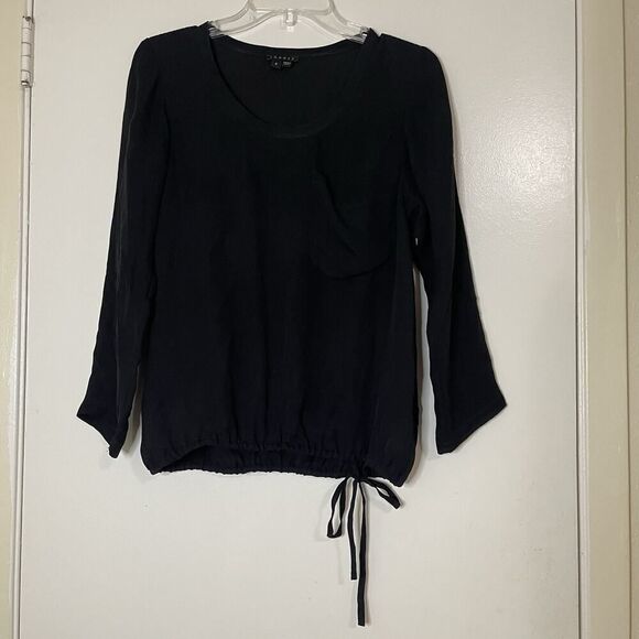 THEORY black long sleeve drawstring hem silk blouse top size XS - Picture 1 of 6